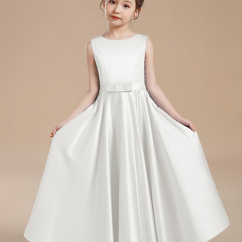 女童白色钢琴演出服学生管弦乐团演奏礼服高端缎面长裙儿童晚礼服