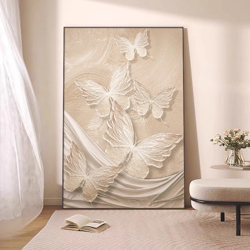 奶油风入户玄关装饰画高级感客厅沙发背景墙挂画立体浮雕花卉壁画图片