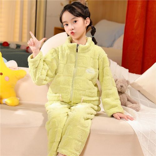 冬季儿童睡衣女童法兰绒加厚款套装男孩秋冬卡通拉链珊瑚绒家居服