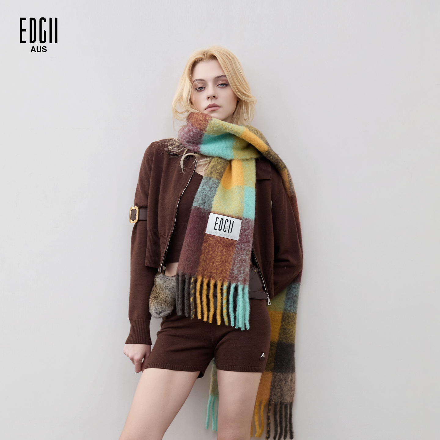 EDGII棉花糖羊毛围巾拼色格纹