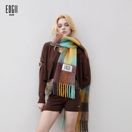 EDGII棉花糖羊毛围巾拼色格纹