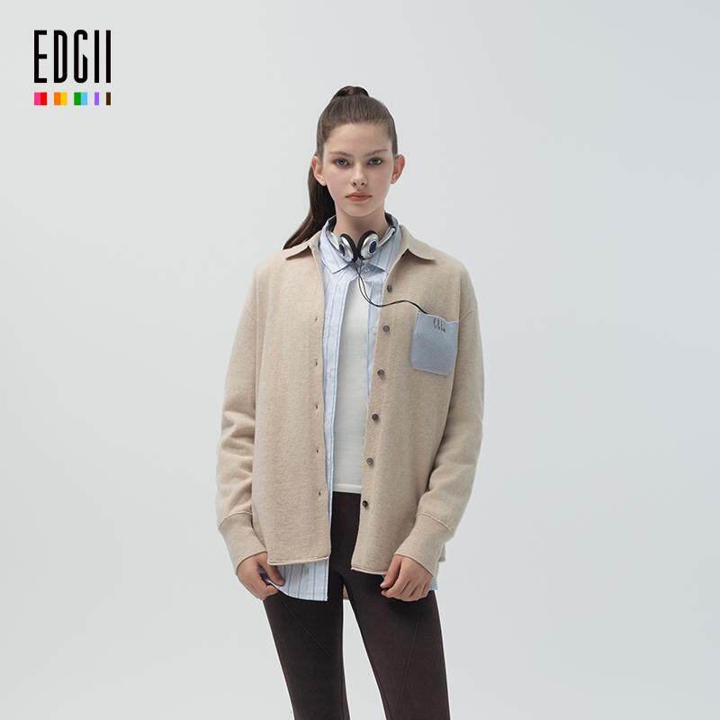 EDGII 衬衫女领修身羊毛开衫宽松设计感撞色口袋针织外套柔软亲肤