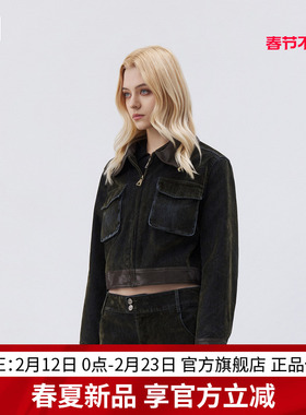 EDGII 2026SS新品女士翻领植绒牛仔拼接欧美风休闲短外套长袖上衣