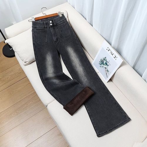 黑灰色微喇牛仔裤女加绒2024秋冬新款高腰宽松显瘦小个子喇叭裤子