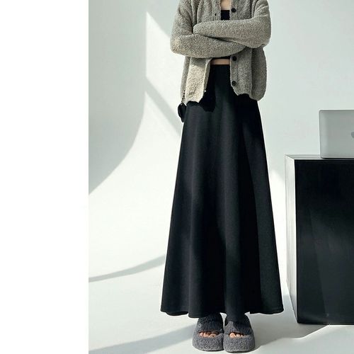 黑色针织半身裙女秋冬加厚高腰显瘦a字裙梨形身材松紧腰大摆伞裙