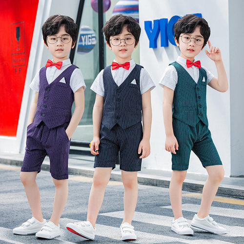 男童宝宝西服短袖套装演出服主持礼服夏季儿童西装英伦男孩三件套