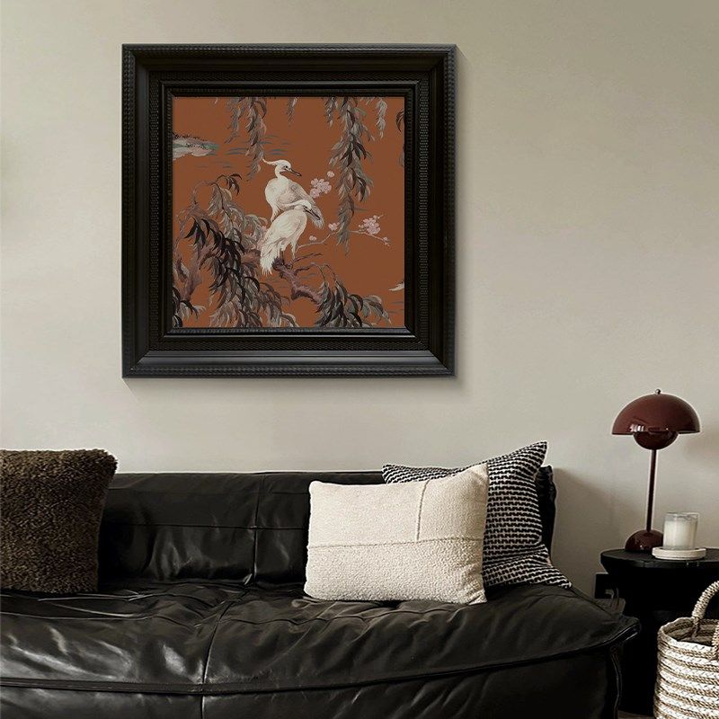 美式复古客厅餐厅柳叶仙鹤装饰挂画中古风玄关花鸟手绘油画正方形,家居饰品,现代装饰画,淘宝优惠券,粉丝福利购,淘宝优惠卷