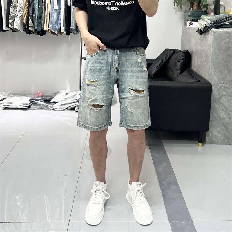 夏季薄款破洞牛仔短裤男2024新款宽松休闲男士五分裤中裤短裤子潮