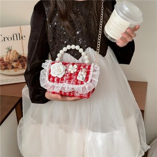 儿童新年包红色洋气斜跨小包女孩公主珍珠手提包女童时尚拜年包潮