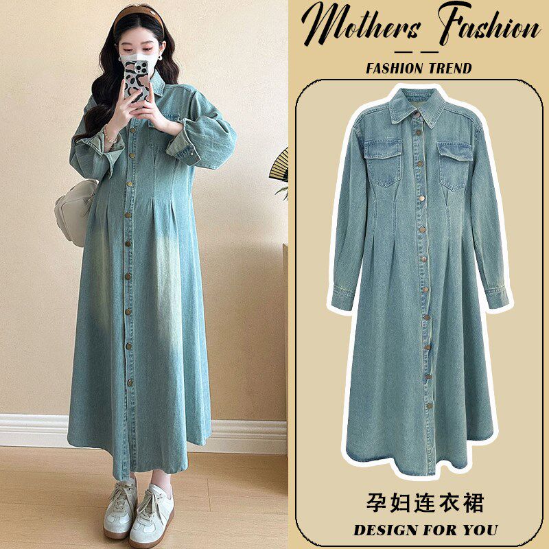 孕妇连衣裙2025新款春秋蓝色时尚宽松显瘦不显怀翻领中长款牛仔裙