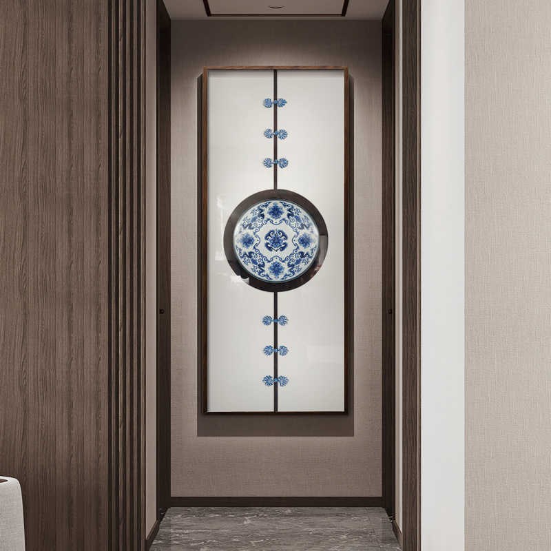 新中式入户玄关青花瓷实物立体装饰画茶室禅N意画餐厅走廊过道挂图片