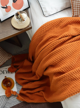 新款北欧橙色针织球球流苏沙发毯C民宿卧室床尾毯床搭毯午睡盖毯