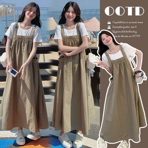 夏装套装韩版时尚宽松纯棉短袖打底T恤+工装休闲两件套背带连衣裙