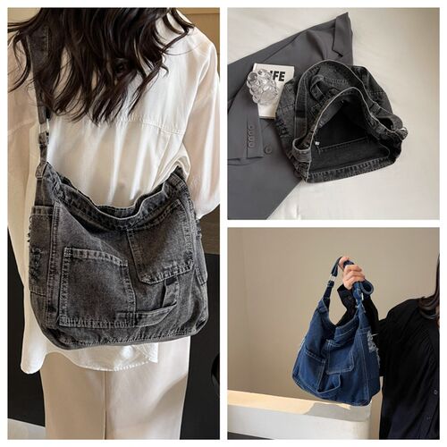 牛仔帆布包上班通勤休闲单肩斜挎布包有拉链慵懒风女生补课放书包
