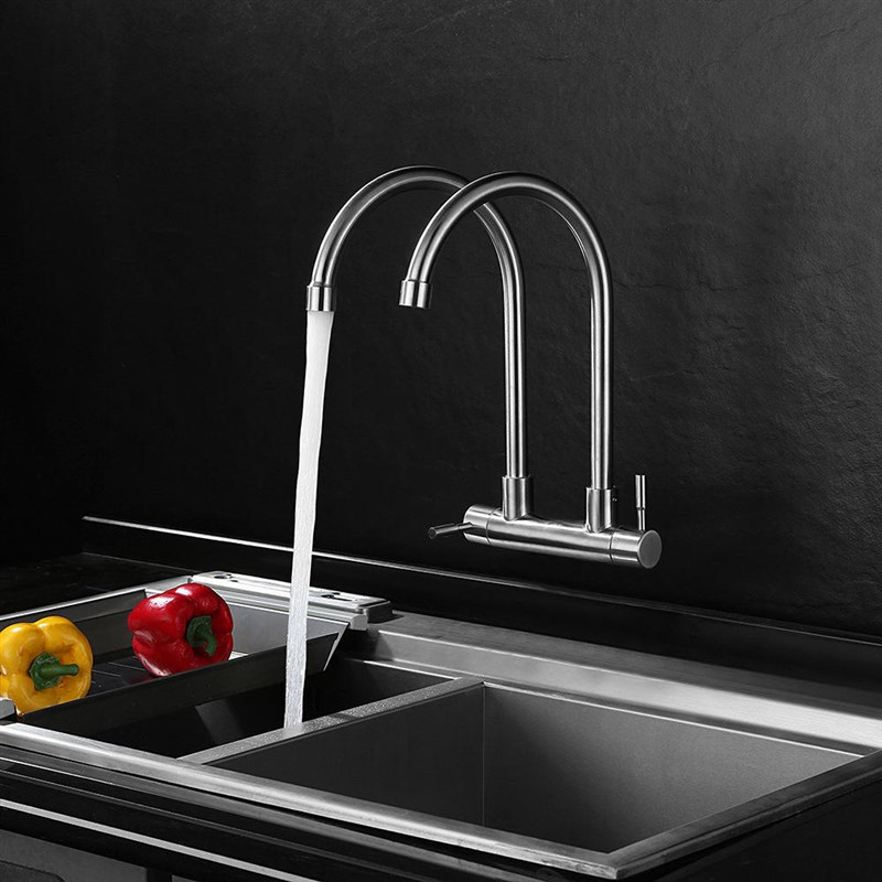 304不锈钢洗菜盆入墙单冷水龙头 双管万向旋转厨房水槽双出水龙头