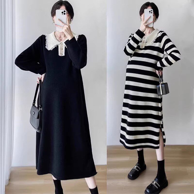 孕妇秋装外出宽松遮肚子针织条纹连衣裙春秋装中长款翻领打底裙女