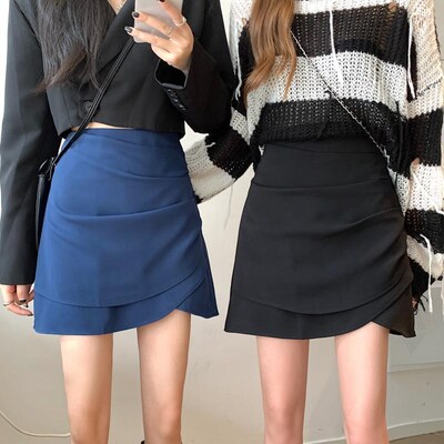 白色不规则褶皱半身裙大码设计感a字裙开叉包臀裙夏高腰遮肚短裙