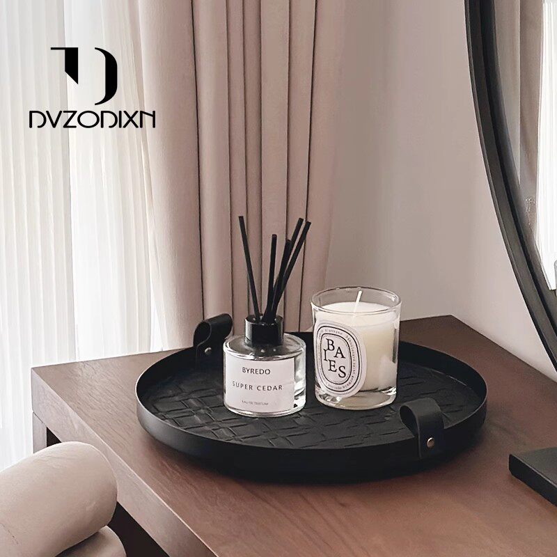 多尔顿轻奢黑色皮质旋转香薰托盘高级感客厅茶几玄关桌面装饰摆饰,家居饰品,桌面摆件,淘宝优惠券,粉丝福利购,淘宝优惠卷