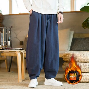 秋冬中式亚麻休闲裤加绒阔腿裤中国风男士棉麻太极灯笼裤汉服裤子