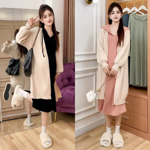 孕妇装秋季洋装秋冬宽松大尺码连帽春秋时尚中长版针织开衫显瘦秋