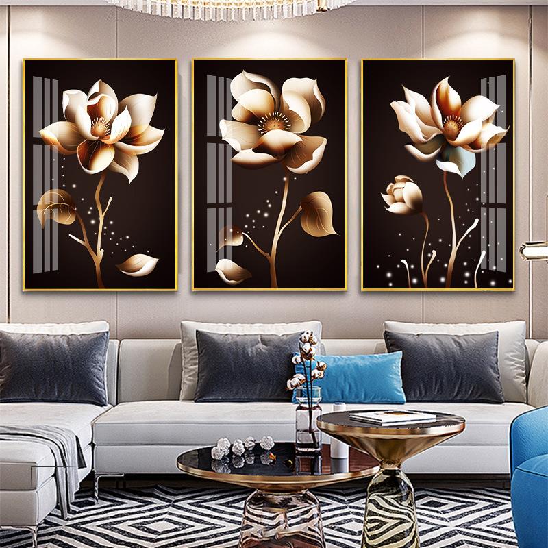 晶瓷画花卉5D镶钻烤瓷晶钻画轻奢三联客厅装饰画现代简约中式挂画图片