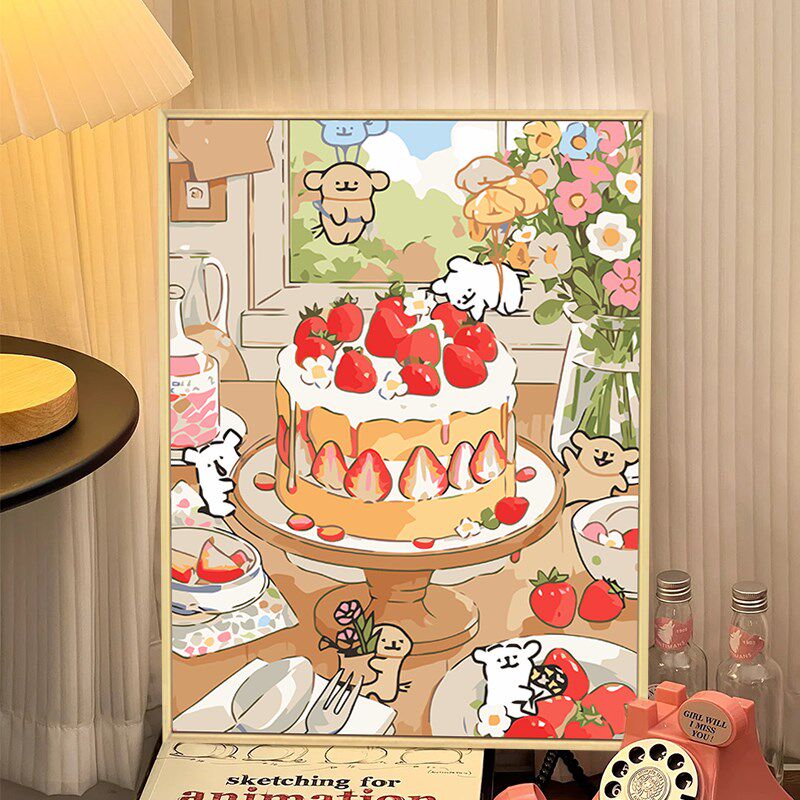 线条小狗数字油画kdiy填充色手工绘卡通蛋糕生日礼物丙烯画装饰画