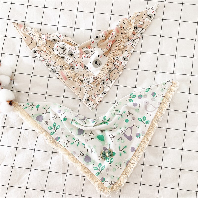 5条装宝宝三角口水巾婴儿围嘴双B层纯棉摁扣花边围巾春秋冬季围兜