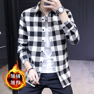 黑白格子衬衫男j长袖韩版潮流衣服外穿衬衣男士格子衫加绒秋季外