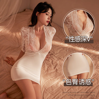 大尺码2b00斤蕾丝透明深V伪娘cd变装洋装超短一步裙女装大佬裙子