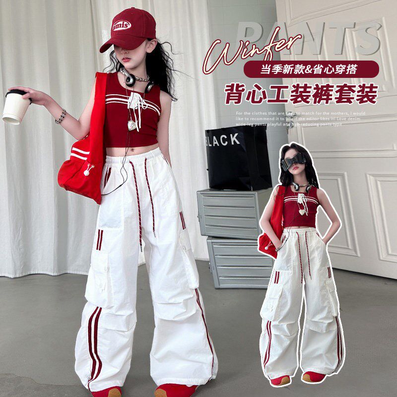 女童露脐背心装短款爵士舞夏装时尚酷飒米白色街R舞服小众炸街走