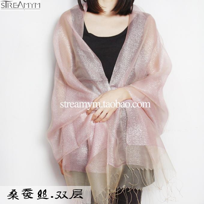 纯色双层真丝丝巾金丝桑蚕丝围巾婚纱礼服旗袍披R肩长款纱巾女秋