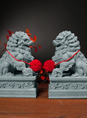 石狮子小摆件一对镇宅看门石雕喜狮麒麟J茶宠鱼缸造景桌面装饰礼