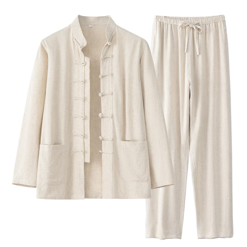 中式复古唐装夏季薄款亚麻长袖套装中老年K汉服茶服爷爷装休闲外