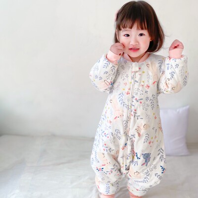 冬季加厚夹棉睡袋宝宝纯棉分脚防踢被可拆袖男女童保Z暖连体睡衣