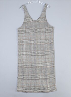 713日单复古毛呢吊带连衣裙78445英伦格子纹春秋叠穿直筒背带长裙