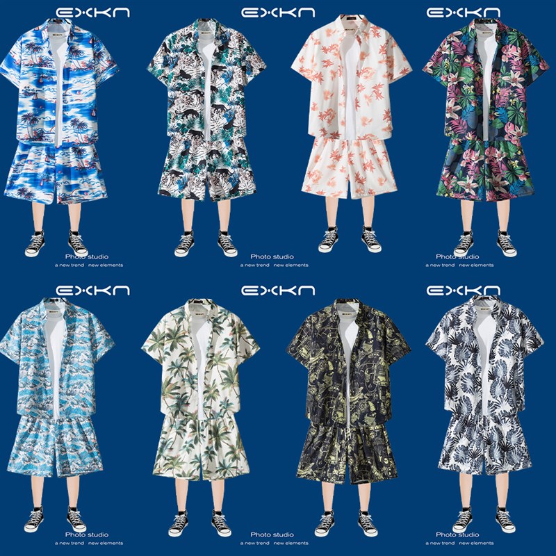沙滩衬衫套装海南岛沙滩服男海边短袖短裤度假风情侣夏威夷两件套