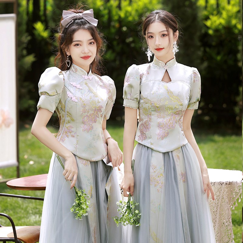 中式伴娘服女2024新款复古高级感姐妹团礼服旗袍显瘦伴娘裙小个子