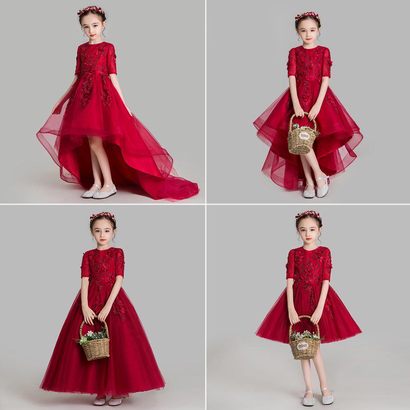 儿童礼服公主裙蓬蓬纱女童婚纱小主持人红色演出服模特走秀表演服