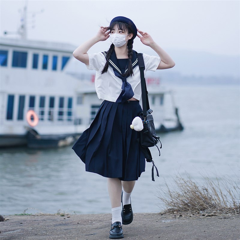 樱花家族JK制服【白二本】双胸挡绀色基础款水手服上衣套装短袖女