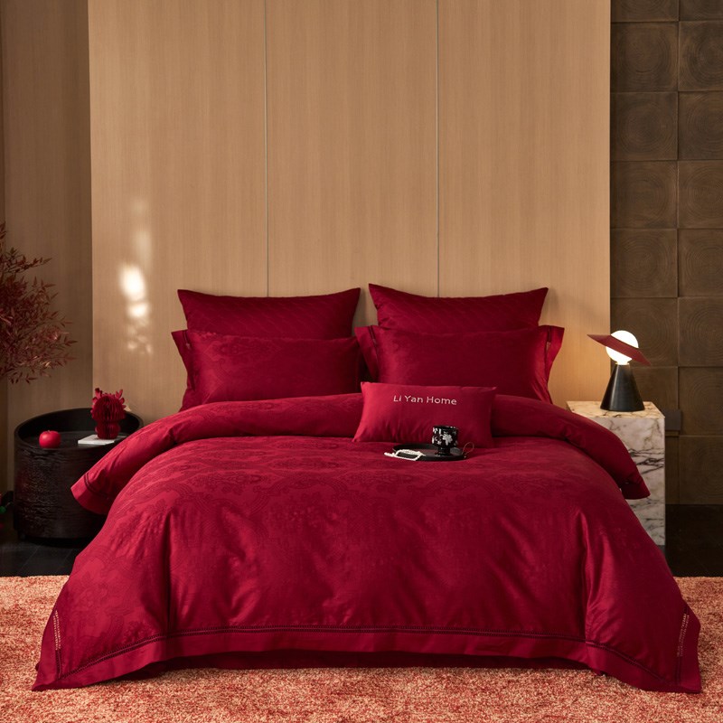 高级感100S纯棉婚庆四件套红色喜庆婚嫁提花被套结婚喜被床上用品