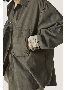 OUTORI 暗格纹碧纹洗水做旧 复古大口袋工装衬衫长袖薄外套衬衣男