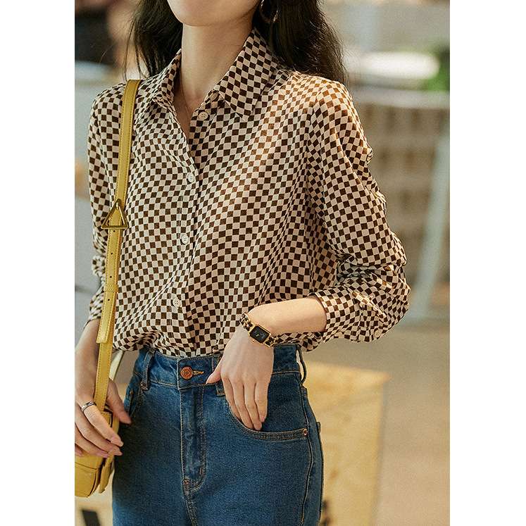 桑蚕丝重磅真丝衬衫 高级感法式复古格子衬衣 上衣2025春夏季女装