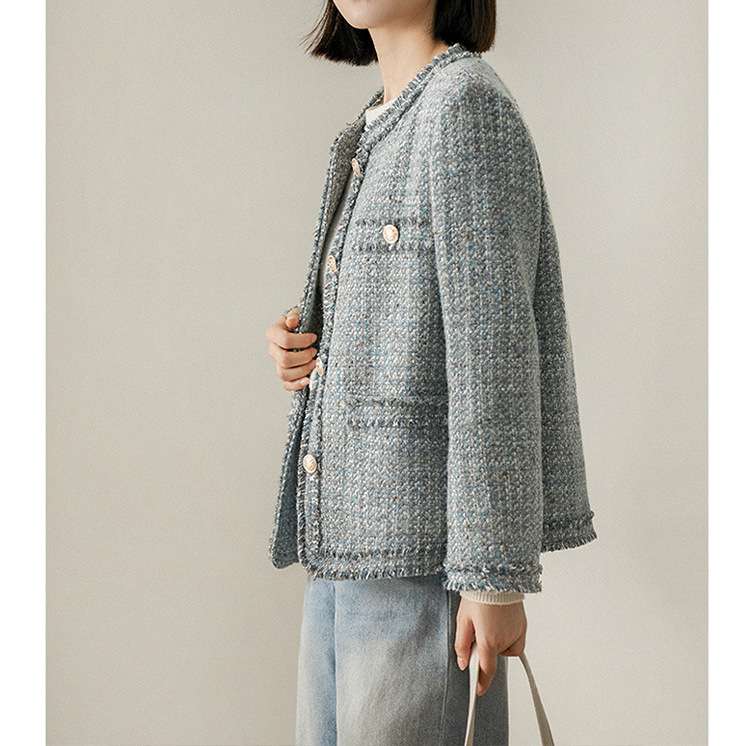 羊毛高端流苏小香风外套 蓝灰色粗花呢 2025春款法式短款女装新款