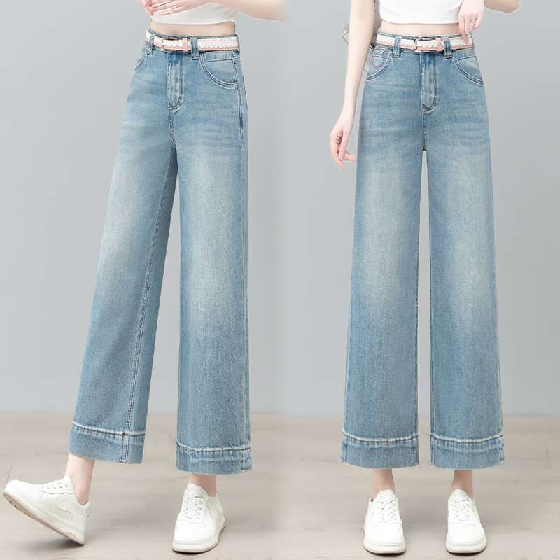 牛仔阔腿裤女2025新款小个子春夏季夏天浅蓝色宽松九分裤女夏薄款