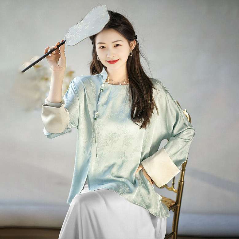 新中式上衣 夏季半身裙 盘扣外套女时尚套装 缎面国风小衫B0319