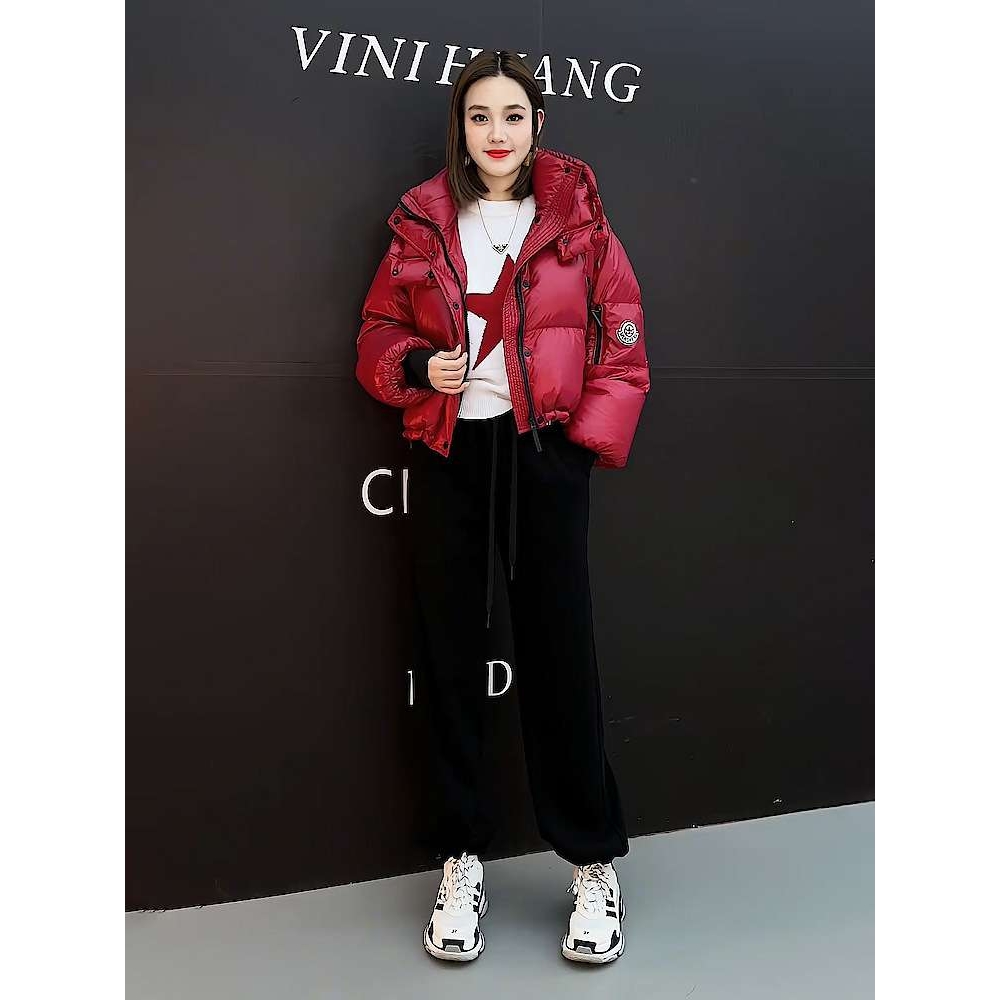 潮流个性时尚运动风穿搭冬季新款红色连帽加厚减龄棉服三件套女装