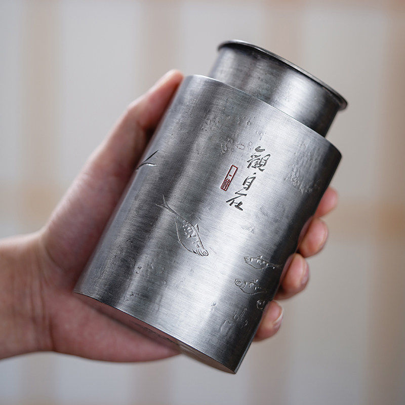 斑锡龙锡罐 一修作品 观自在茶仓纯锡手工复古密封茶叶罐小号方罐