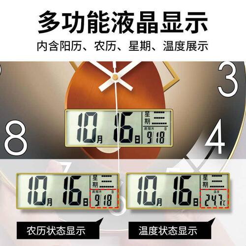 钟表客厅2026新款万年历挂钟圆形装饰画静音免打孔石英钟时钟挂墙