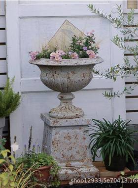 工厂直销新品复古做旧灰蓝色罗马柱花盆庭院花园阳台装饰摆件