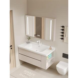 法式奶油风浴室柜镜柜组合简约现代陶瓷一体盆侧边收纳洗脸池新品